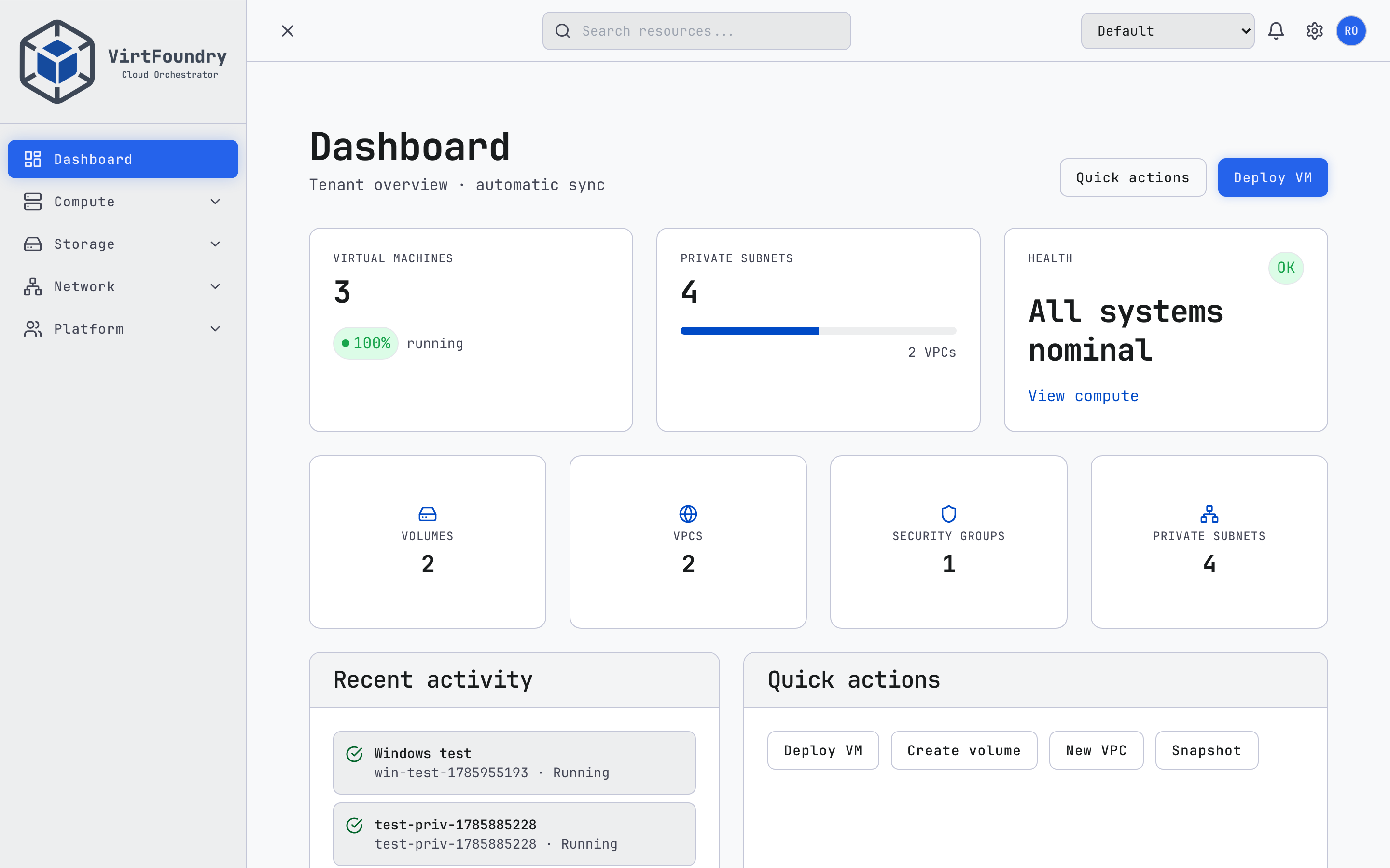 VirtFoundry dashboard