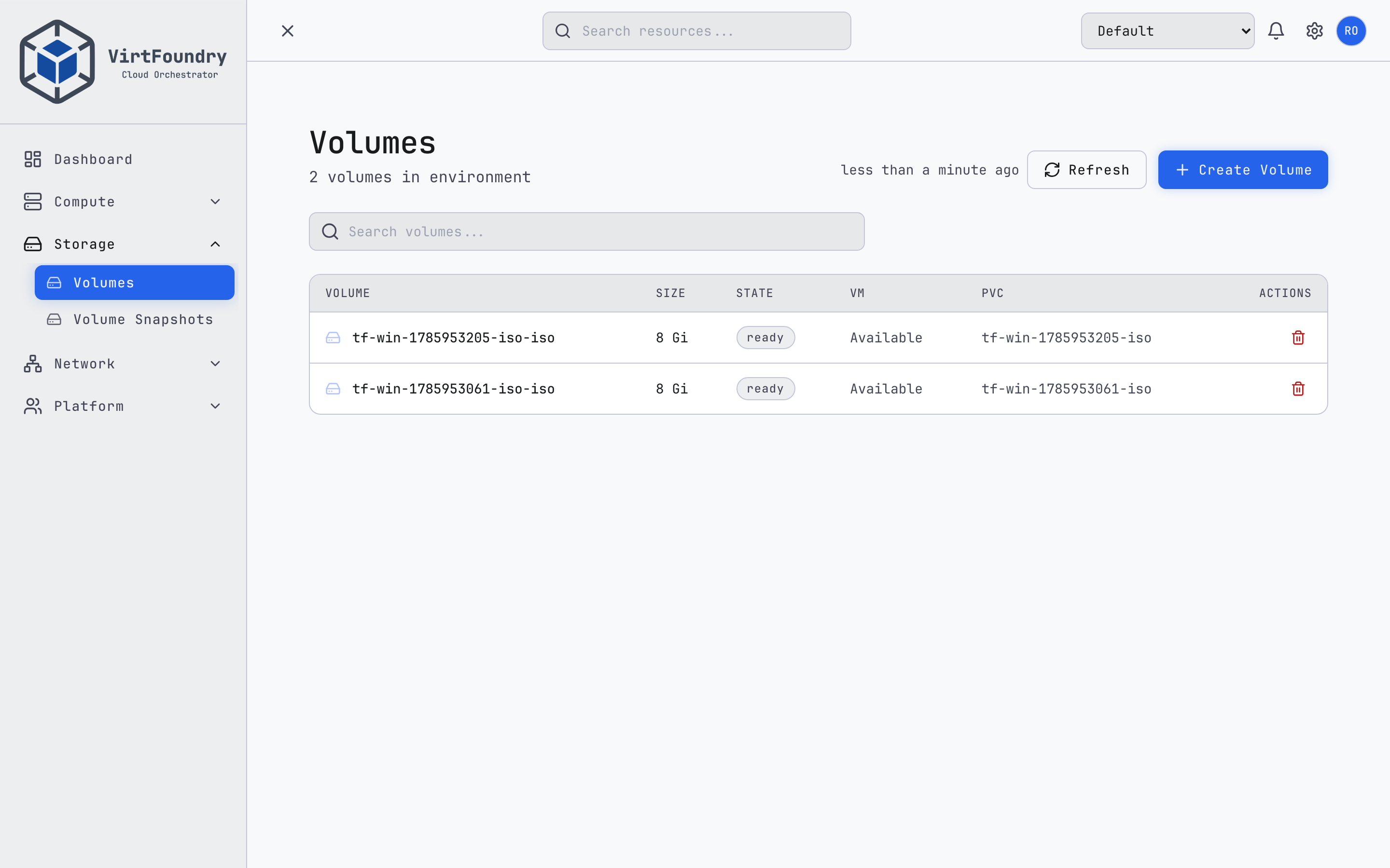 VirtFoundry volumes