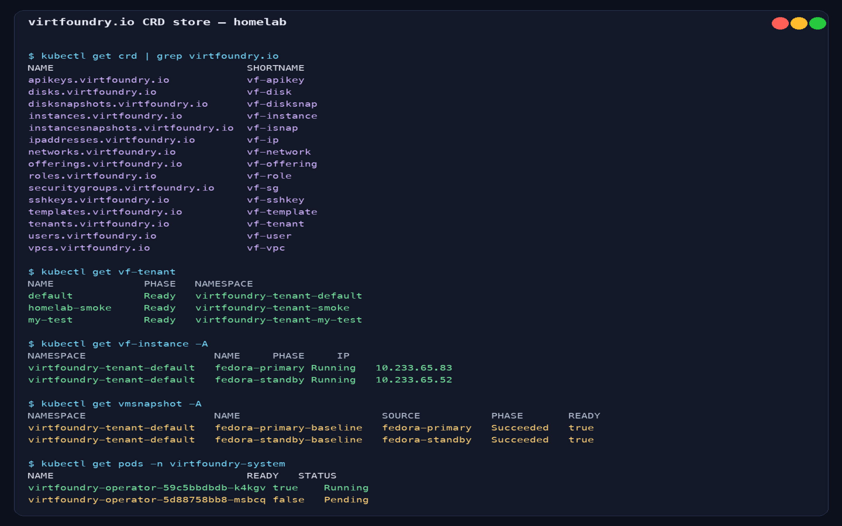 VirtFoundry CRDs kubectl
